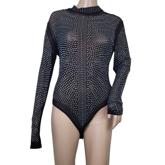 Tops - Rhinestone Mock Neck Long Sleeve Bodysuit